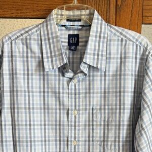 GAP Men's Light Blue L (16-16.5) Checkered Shirt